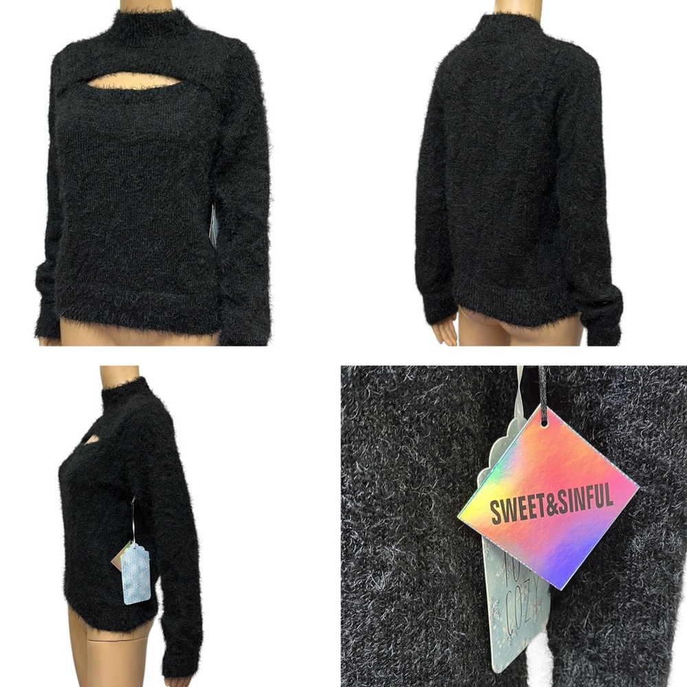 Sweet and Sinful Black Eyelash Knit Keyhole Front Mock Neck Sweater Womens Large